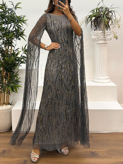 Round Neck Solid Color Sequins Maxi Dress