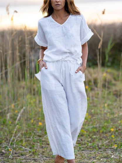Cotton Linen Short Sleeve Women's Suit