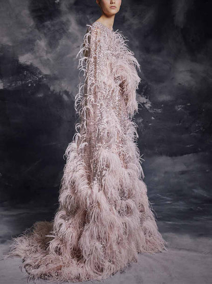 Round Neck Feather Sequin Long Sleeves Maxi Dress