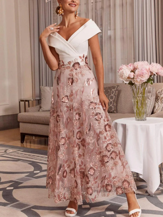 V-Neck Lace Print Midi Dress