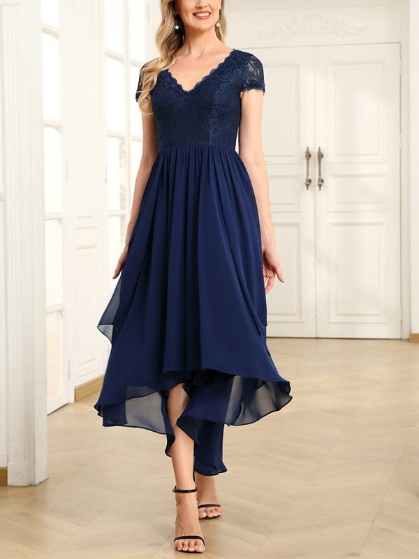 V-neck Lace Solid Color Midi Dress