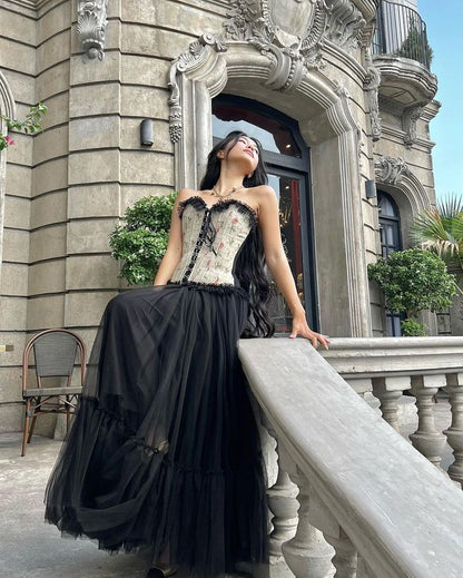 Black Floral Corset Stylish Elegant Long Tulle Ball Gown Evening Gown Garden Party Gown Graduation Gown Prom Gown Wedding Guest Party Dress gh3984