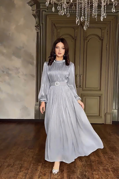 loveedsTM-Round Neck Organza Lantern Sleeve Long Sleeve Slim Belt Vintage Dress