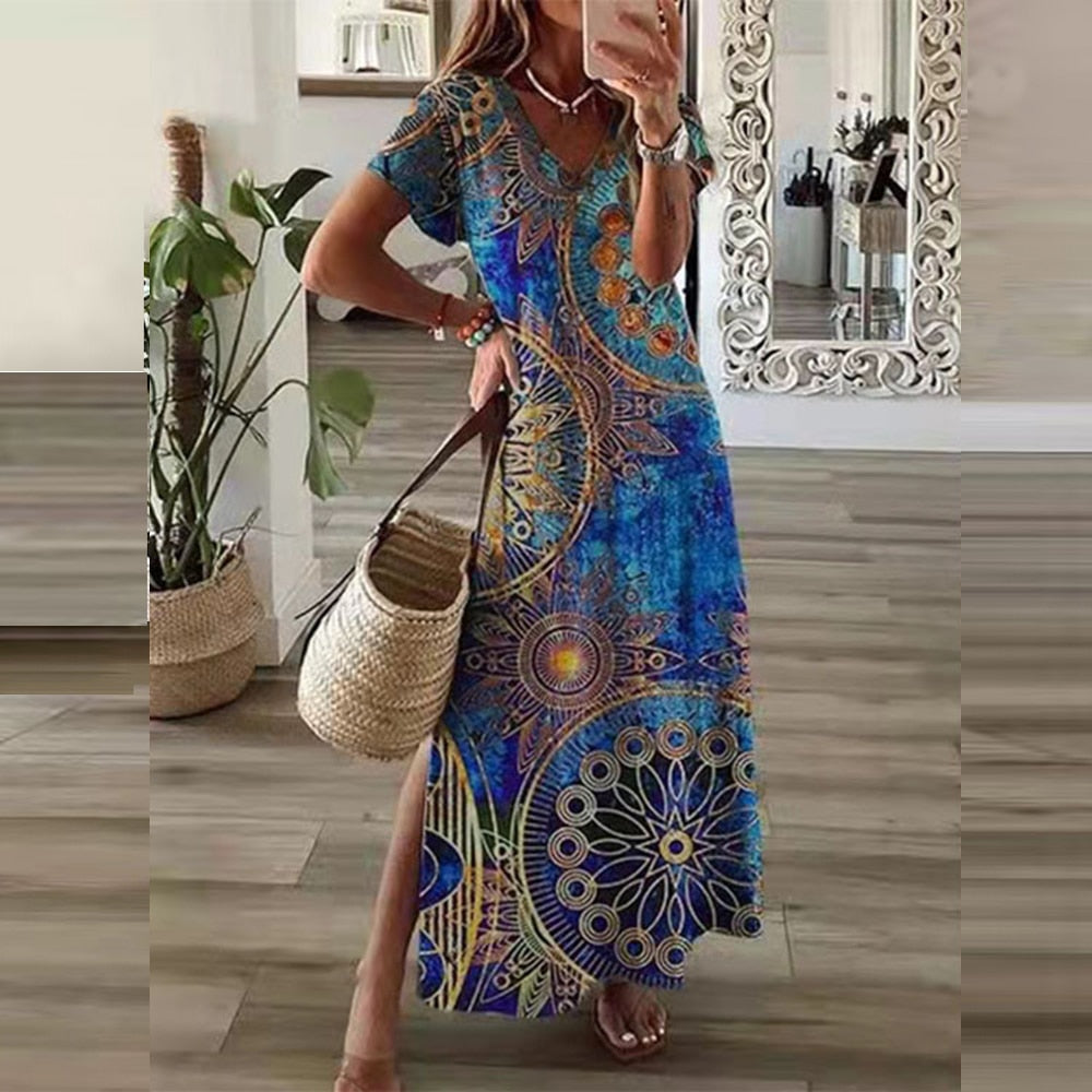 loveedsTM- Vintage Print Maxi Dress Women 2024 Summer Elegant V Neck Short Sleeve Loose Split Casual Dress Female Party Boho Beach Vestidos