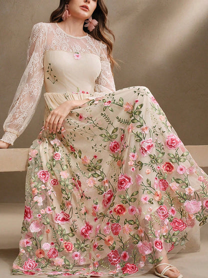 Women's Lace Embroidered Floral Transparent Lantern Sleeve Dress