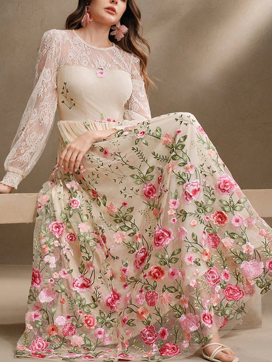 Women's Lace Embroidered Floral Transparent Lantern Sleeve Dress