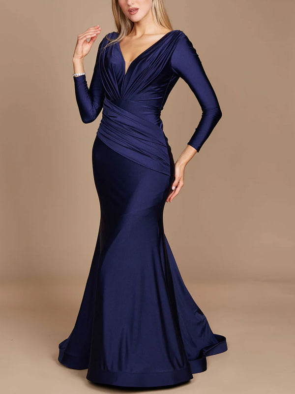 V-neck Solid Color Long Sleeves Maxi Dress