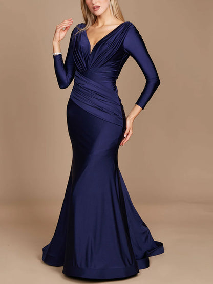 V-neck Solid Color Long Sleeves Maxi Dress