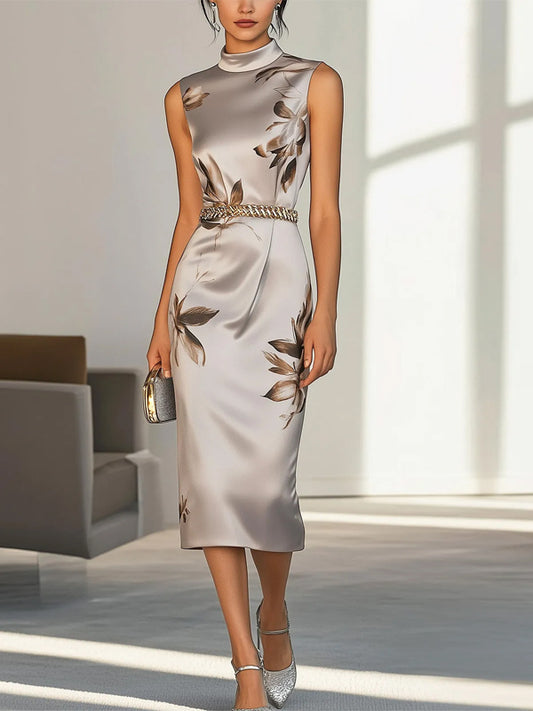 Grey Satin Floral Print Waist Chain Midi Dress