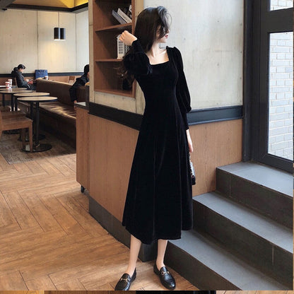 loveedsTM- Vintage Black Velvet Dress 2024 Women Autumn Winter Warm Long Sleeve Maxi Dress French Elegant V-Neck Party Dresses