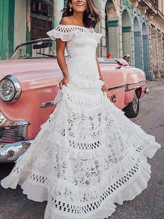loveedsTM- Elegant One-Shoulder Solid Ruffle Long Evening Dress Summer Fashion Sleeveless Swing Dress Classic Lace Hollow Party Sexy Dress