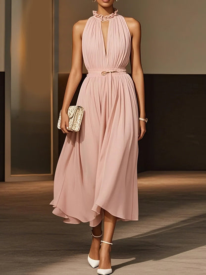 Scramble Chiffon Lotus Leaf Collar Sleeveless A-Line Maxi Dress