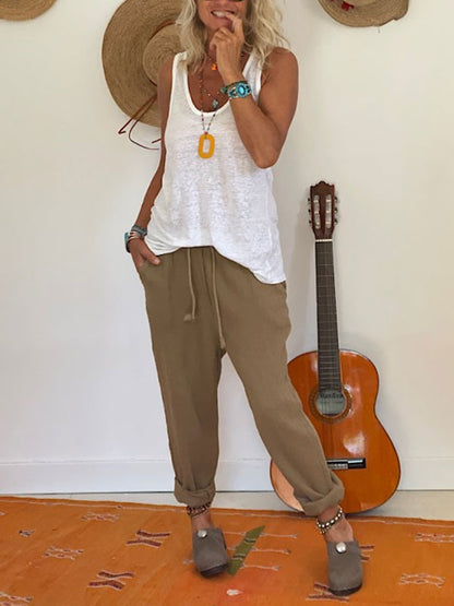 Cotton Linen Casual Elastic Waist Ladies Pants