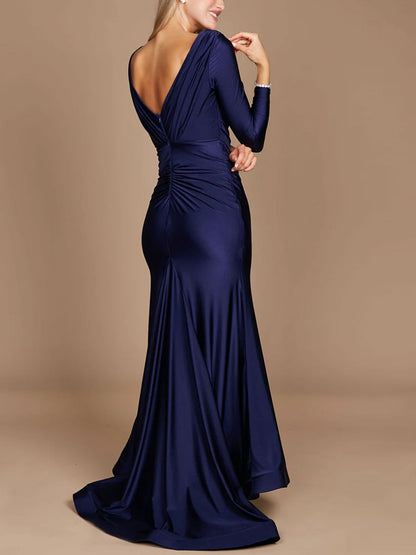 V-neck Solid Color Long Sleeves Maxi Dress