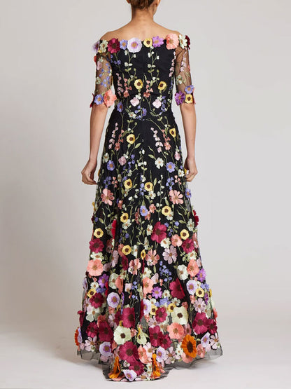 Women's Off-Shoulder Floral Appliquéd Lace Dress