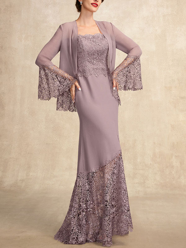 Trumpet/Mermaid Square Neckline Asymmetrical Chiffon Lace Mother of the Bride Dress