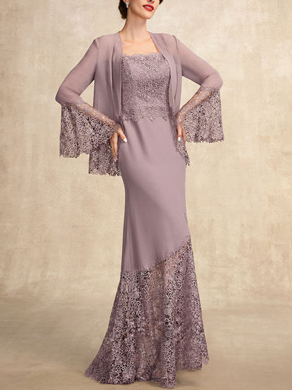 Trumpet/Mermaid Square Neckline Asymmetrical Chiffon Lace Mother of the Bride Dress