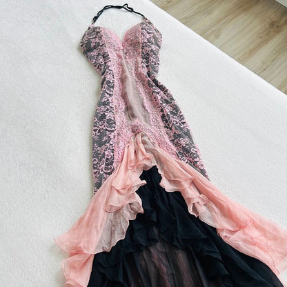 Pink Fashion Suspender Exquisite Lace Long Ruffled Ball Gown Evening Dress Party Dress gh3301