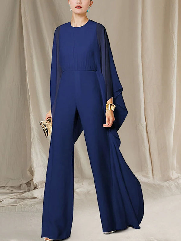 Round Neck Chiffon Solid Color Jumpsuit