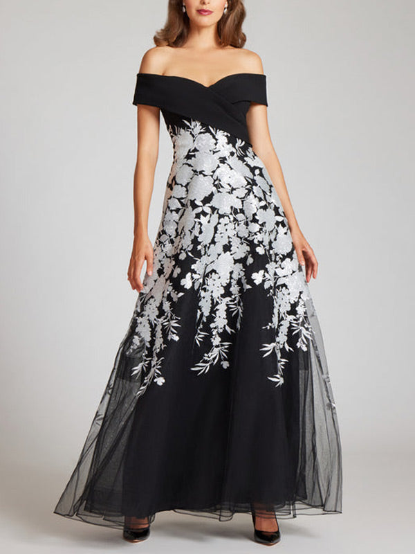 Crepe Off The Shoulder Floral Embroidered Gown
