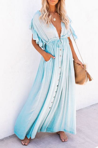 loveedsTM-Elegant Solid Frenulum Buckle V Neck A Line Dresses