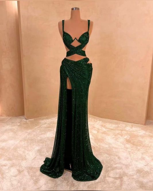 preppydressess-Green Sexy Elegant Waist-baring Long Satin Prom Dress Evening Dress gh5035