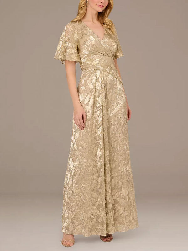 Metallic Print Flutter Sleeve Sheath Dress