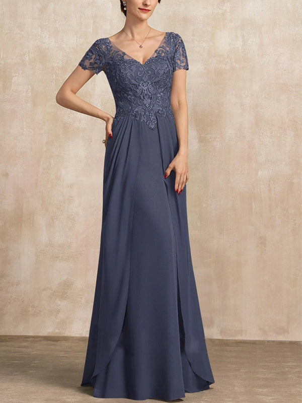 V-Neck Floor-Length Chiffon Lace Maxi Dress