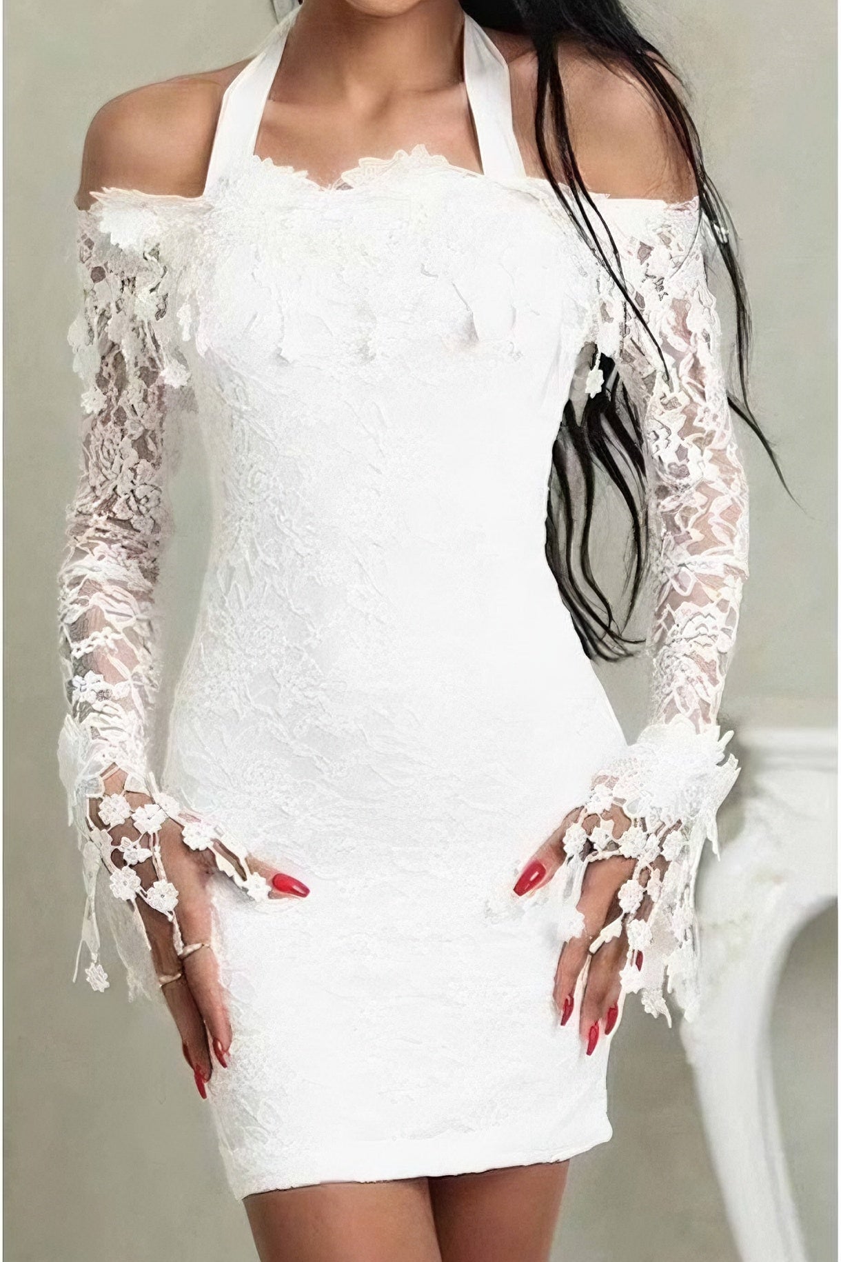 loveedsTM-Hip skirt one shoulder lace long sleeve midi skirt