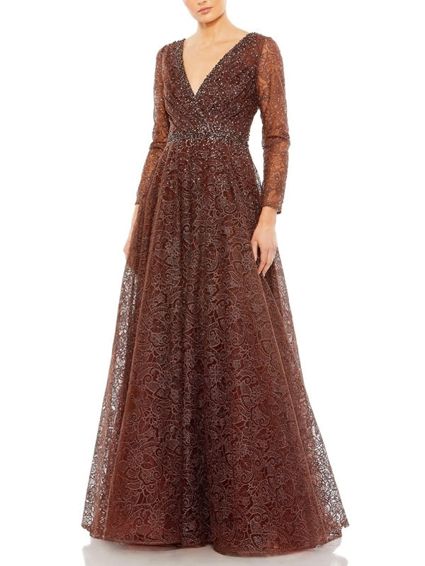 Embellished Illusion Long Sleeve V-Neck Dress