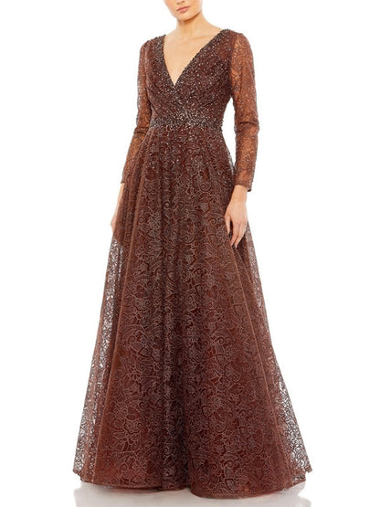 Embellished Illusion Long Sleeve V-Neck Dress