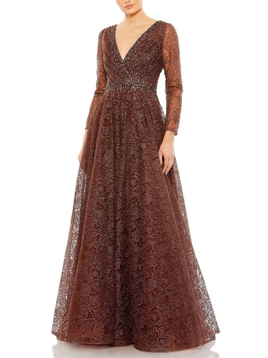 Embellished Illusion Long Sleeve V-Neck Dress