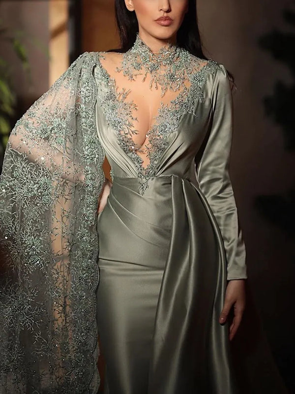 Mermaid High Neck Satin Ruffle Gown