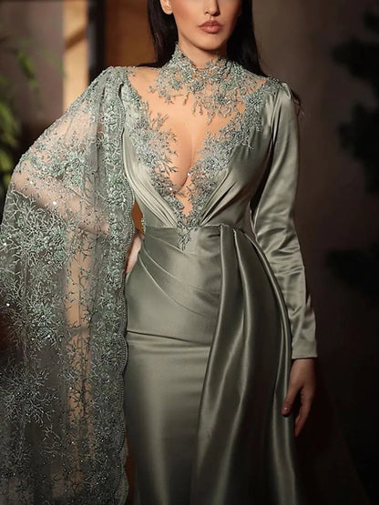 Mermaid High Neck Satin Ruffle Gown