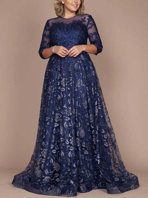 Round Neck Lace Solid Color Maxi Dress