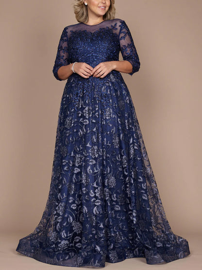 Round Neck Lace Solid Color Maxi Dress