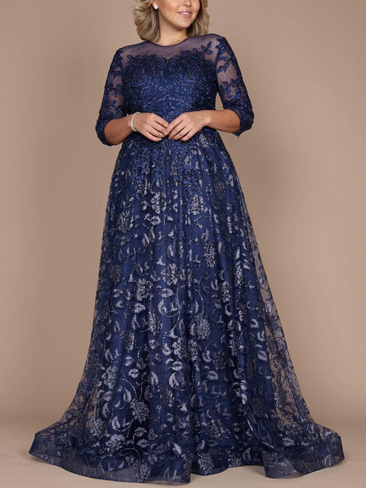 Round Neck Lace Solid Color Maxi Dress