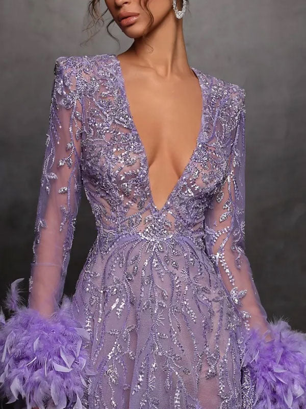 Deep V Elegant Feather Beads Women's Dress
