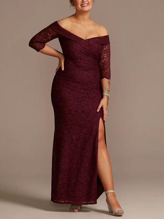 Off-the-Shoulder V-Neck Ruched Lace Gown