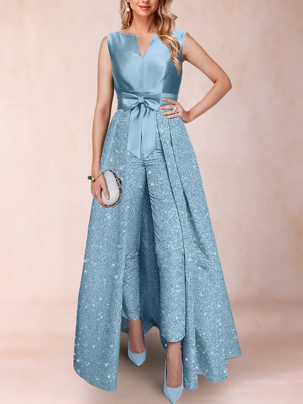 A-Line/Princess V-Neck 3/4 Sleeves 3 Pieces Pantsuits with Bow Knot