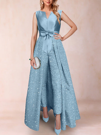 A-Line/Princess V-Neck 3/4 Sleeves 3 Pieces Pantsuits with Bow Knot