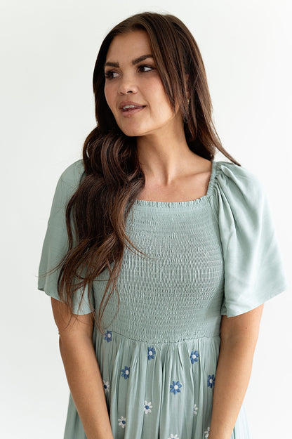 loveedsTM-Clementine Embroidered Dress in Dusty Blue