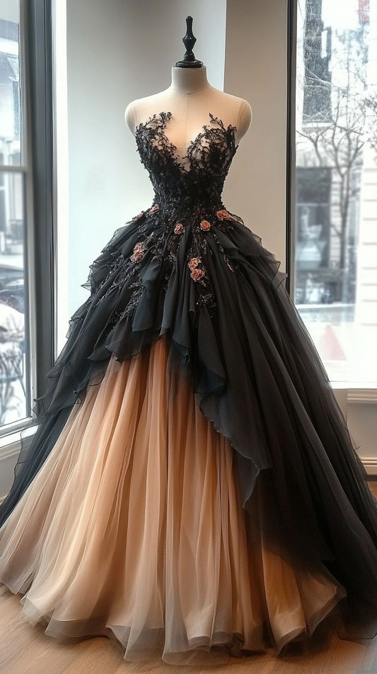 Charming A Line Sweetheart Neck Beaded Flower Ruffle Tulle Long Prom Dress Evening Dress SH2431