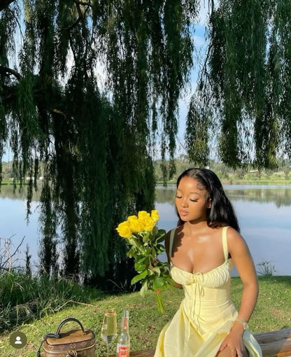 Simple A Line Spaghetti Strap Light Yellow Satin Long Prom Dress Evening Dress SH2391
