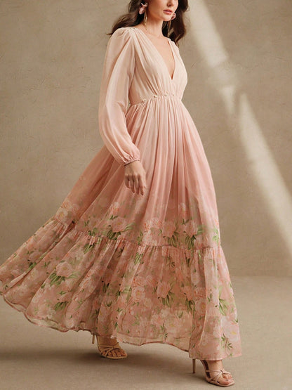 V Neck Chiffon Print Holiday Dress