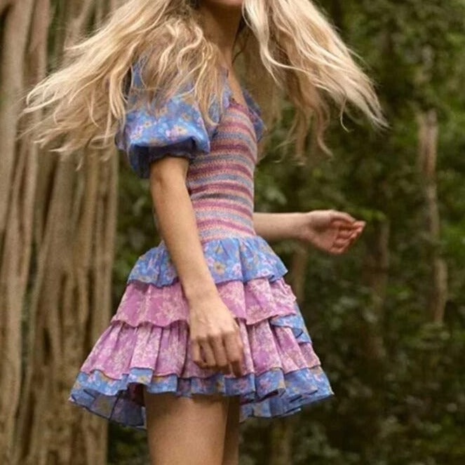 loveedsTM- 2024 Summer Mixed Floral Prints Ruffled Holiday Dress Square Neck Smocked Sexy Laides Dress Mini Dress