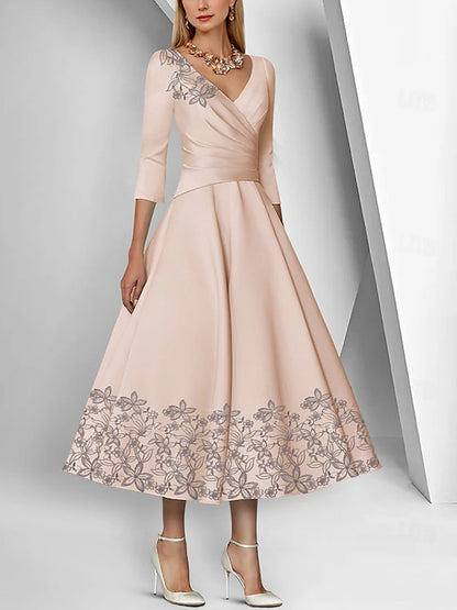 V-neck Satin 3/4 Sleeves Lace Ruffle Sequins Maxi Dress