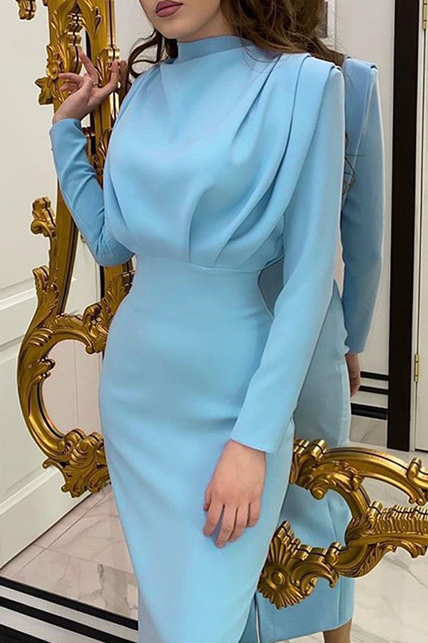 loveedsTM-Elegant Solid Patchwork Fold Mandarin Collar Waist Skirt Dresses