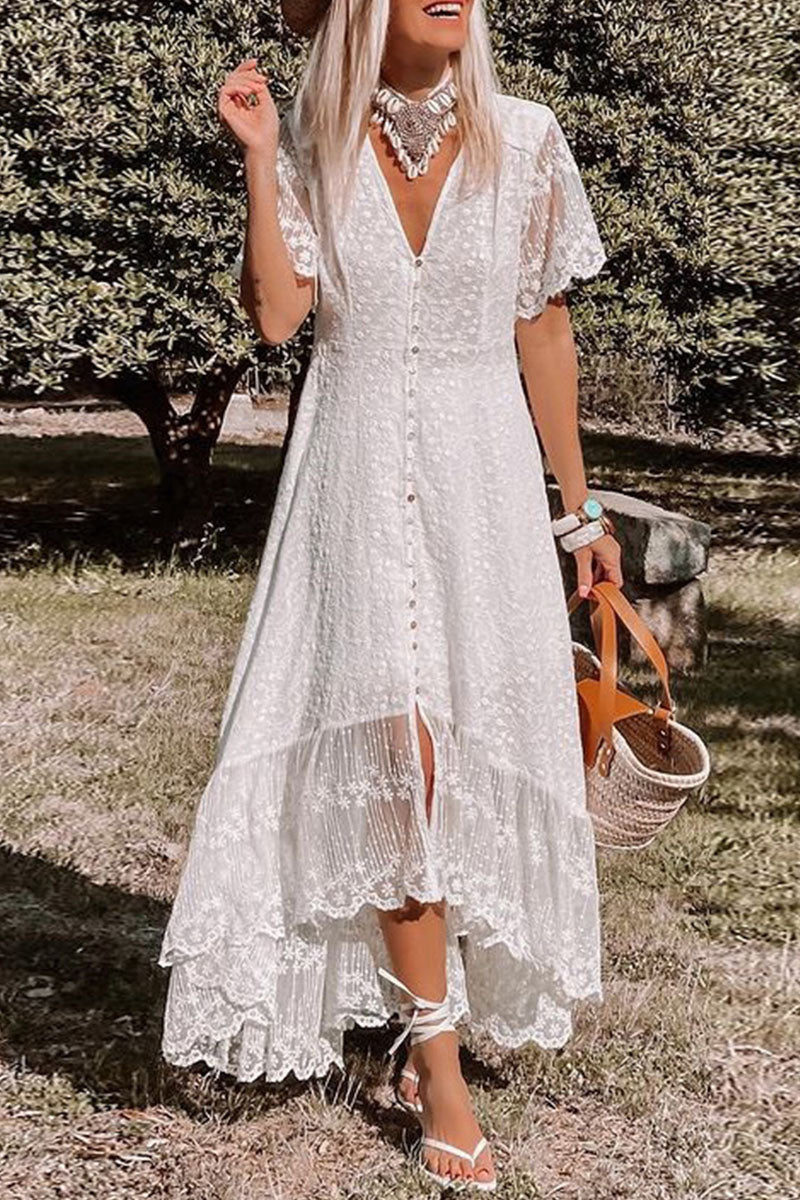 loveedsTM-Casual Solid Patchwork Buckle V Neck Irregular Dress Dresses