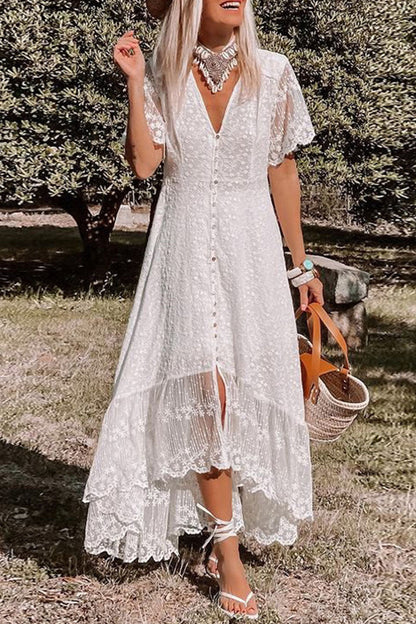 loveedsTM-Casual Solid Patchwork Buckle V Neck Irregular Dress Dresses